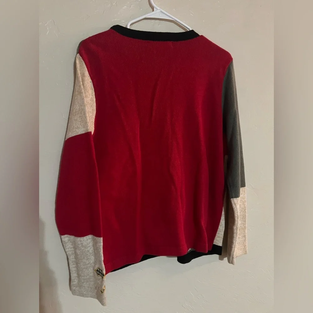Victoria Jones Zip‎ Front Christmas Cardigan Color Block Applique Design Size M